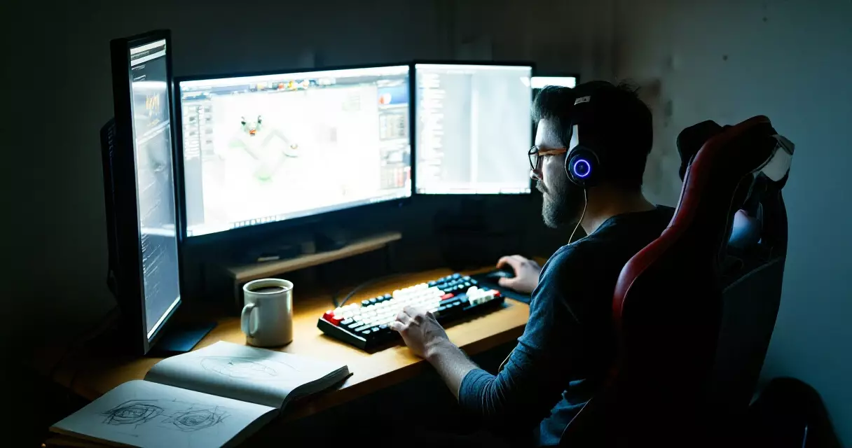 Solo indie developer workspace with monitor, keyboard and design sketches