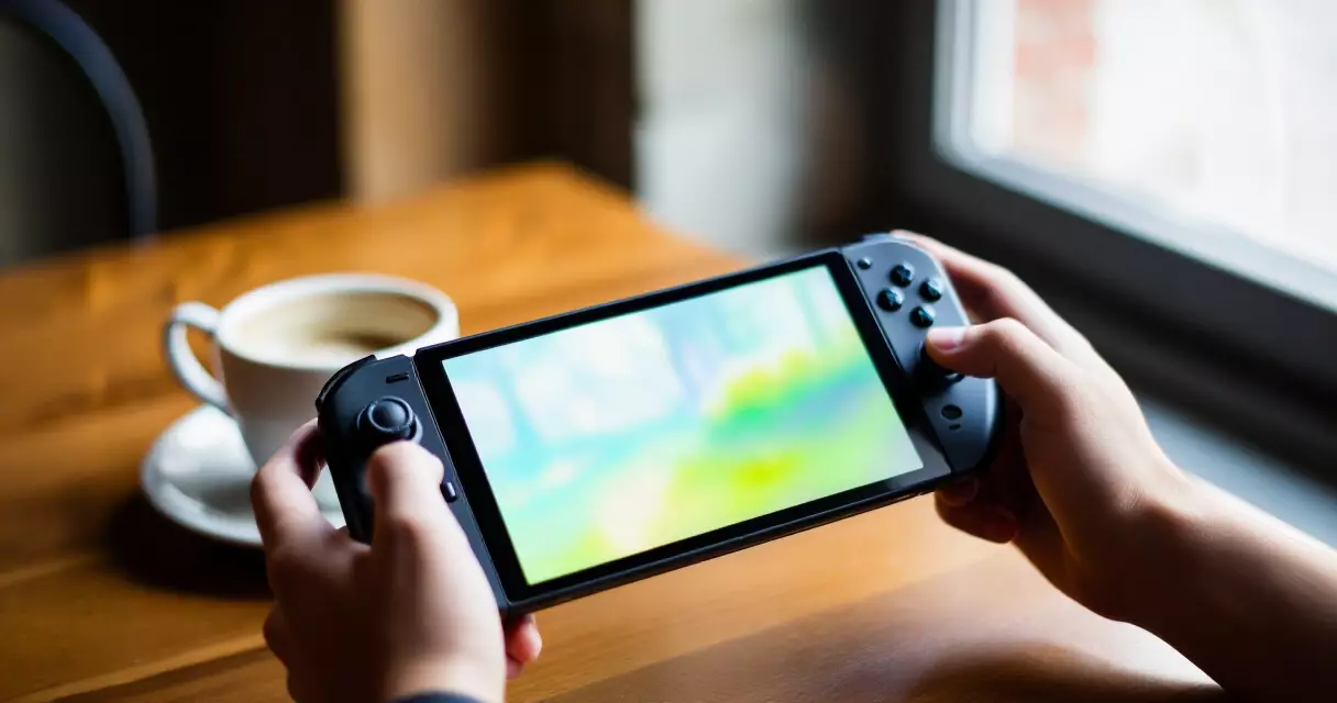Hands holding a handheld gaming PC with OLED display on a wooden table in natural light