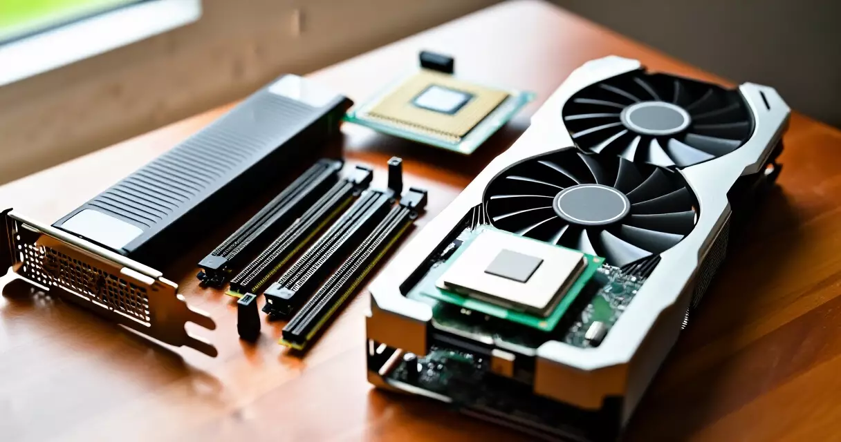 Gaming PC components laid out on a desk before assembly, including GPU, RAM, and CPU