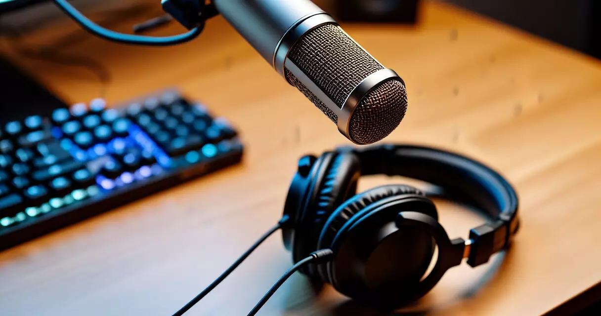 Desktop podcast recording setup with condenser microphone and headphones