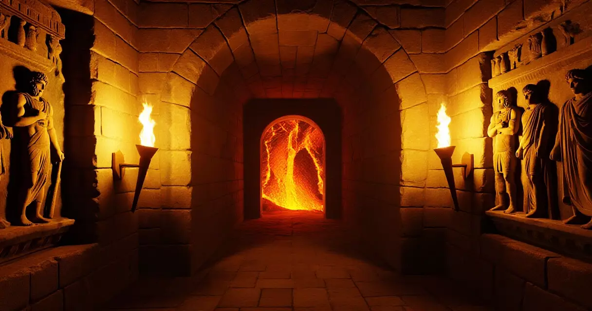 Dark Greek underworld stone chamber with amber torches and carved god reliefs on the walls