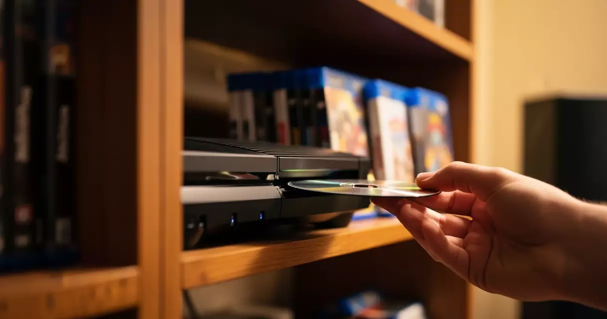 Hand inserting a physical game disc into an Xbox console for disc-to-digital conversion