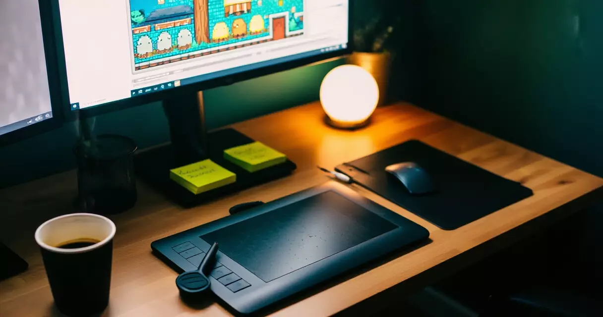 Solo indie developer workspace with pixel-art on screen and a graphics tablet