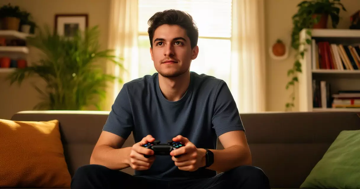 A gamer relaxing on a couch with a controller, representing gaming and entertainment at home