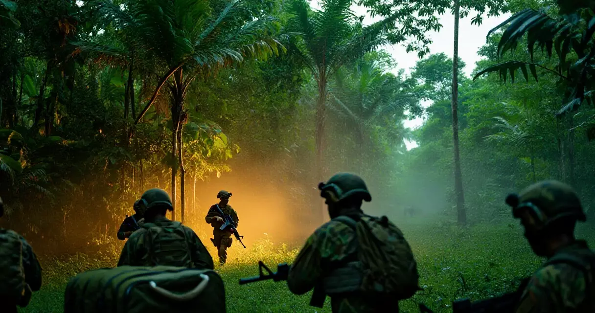 Tactical military shooter scene set in jungle environment with soldiers advancing through dense foliage