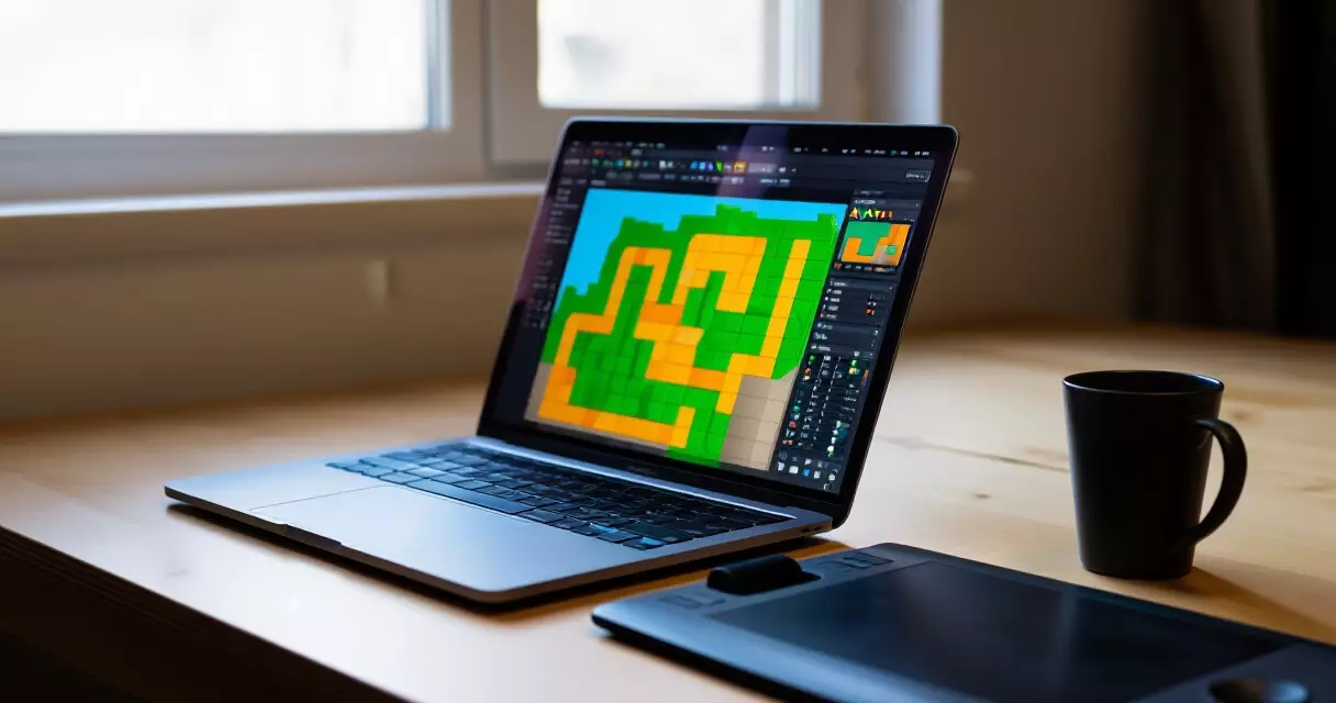 Solo indie game developer workspace with a 2D level editor open on a laptop