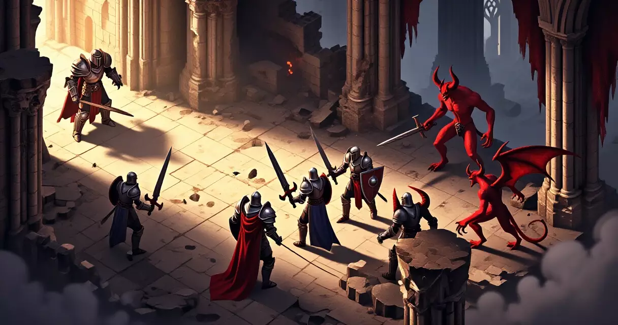 Pathfinder Wrath of the Righteous isometric battle scene with crusaders and demons