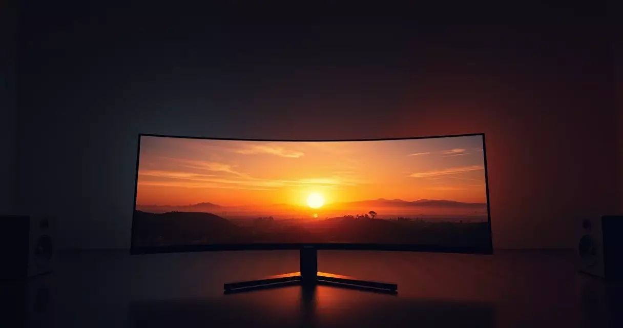Curved ultrawide monitor showing a bright HDR sunset scene in a dark room
