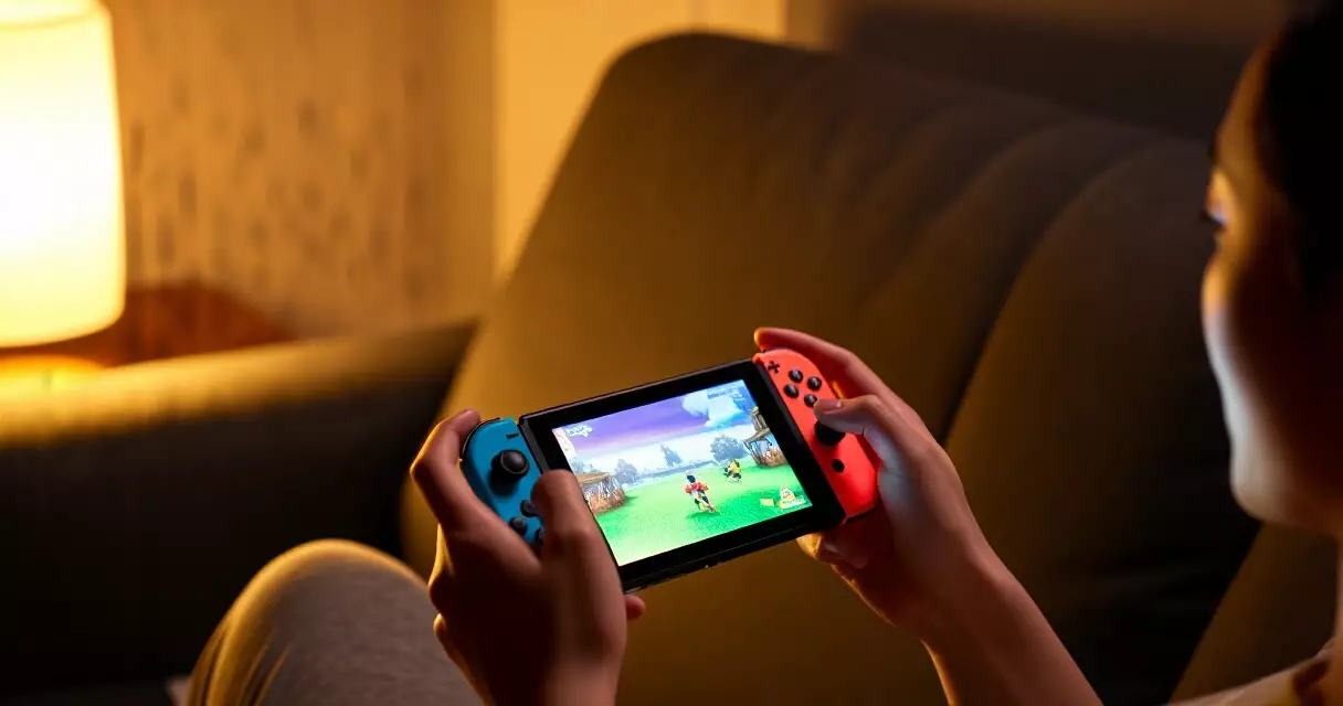 Person playing cozy farming game on Nintendo Switch in a warm home setting