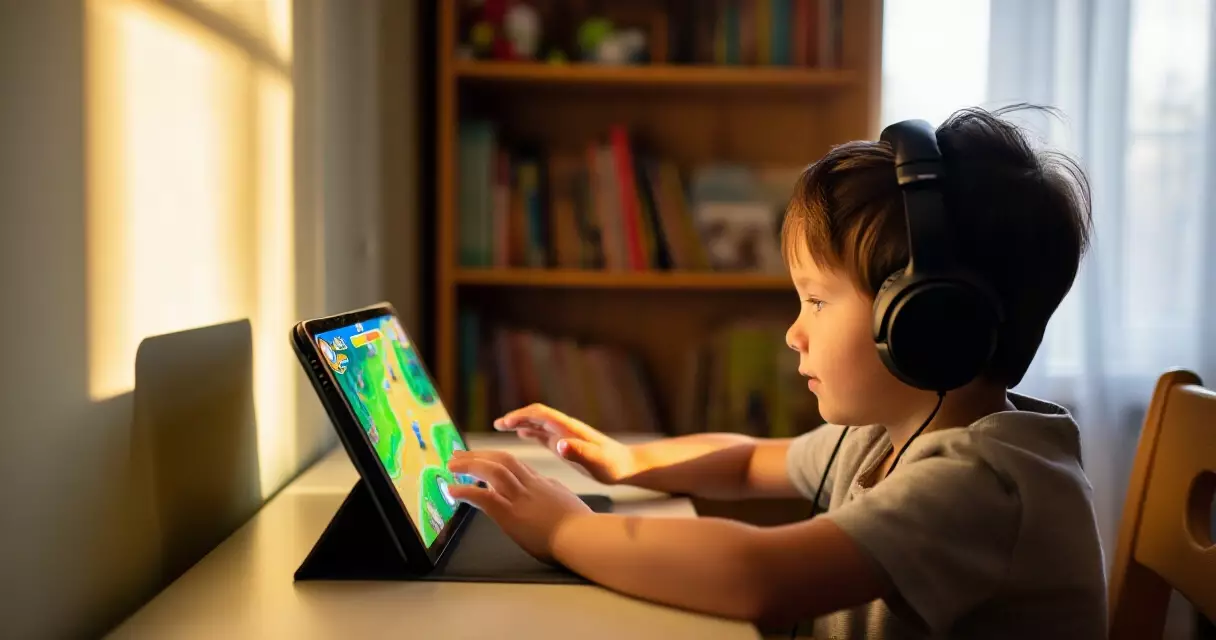 Child with ADHD playing a therapeutic video game on a tablet at home