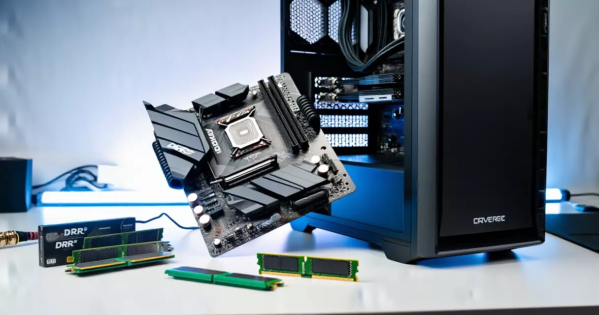 Gaming PC motherboard with DDR5 RAM and CPU cooler during assembly on workbench