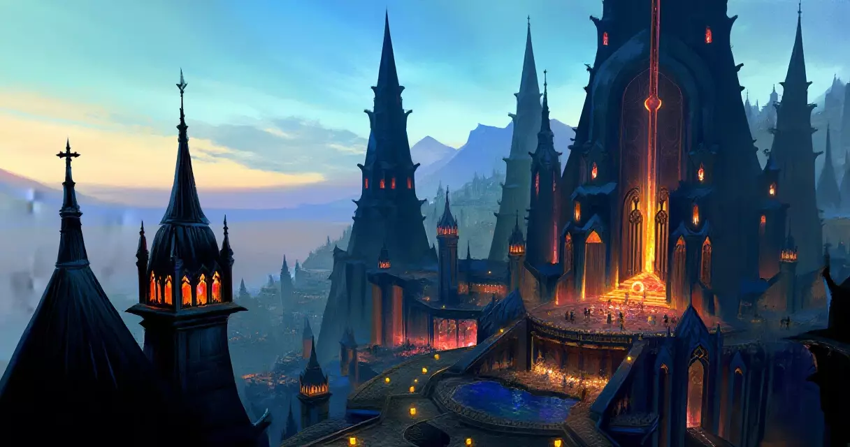 Fantasy Tevinter city with gothic spires and glowing magical architecture at dusk