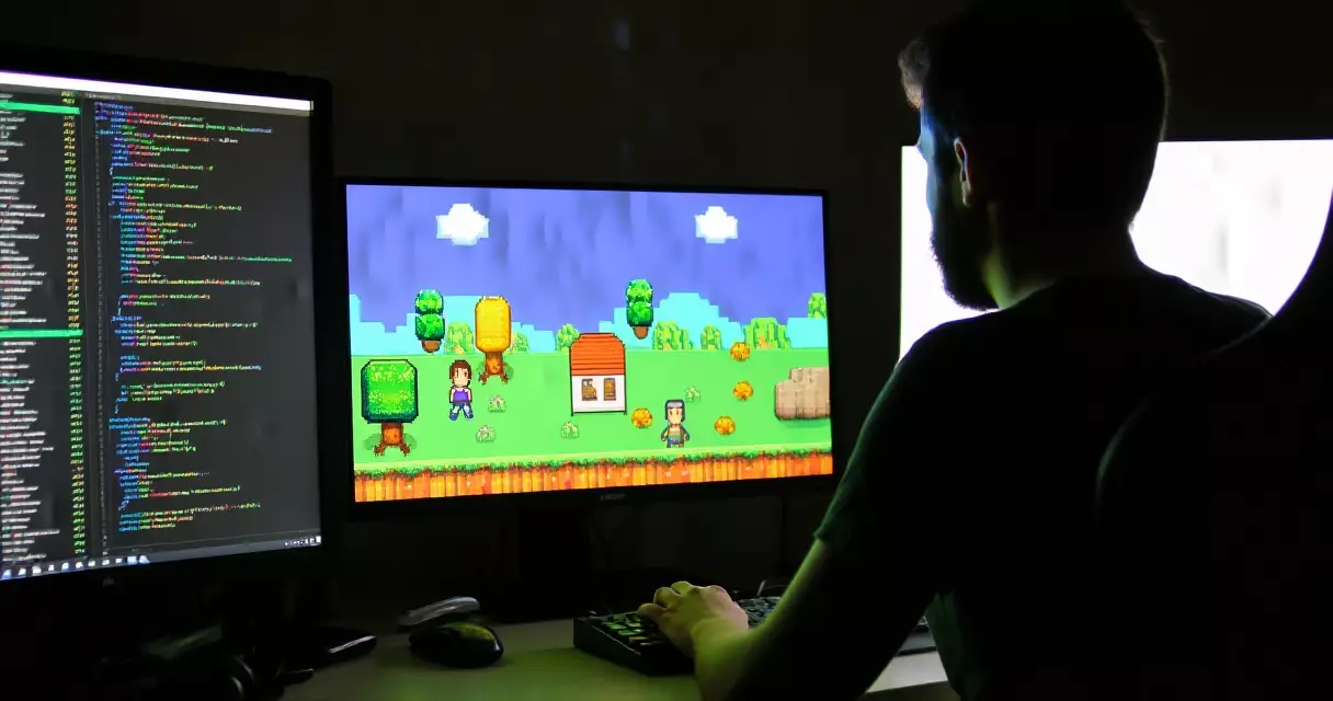 Indie game developer setting up a Steam Direct account at dual-monitor desk