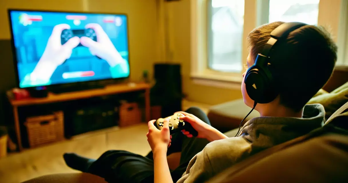 Person playing a video game with headphones in a naturally lit living room