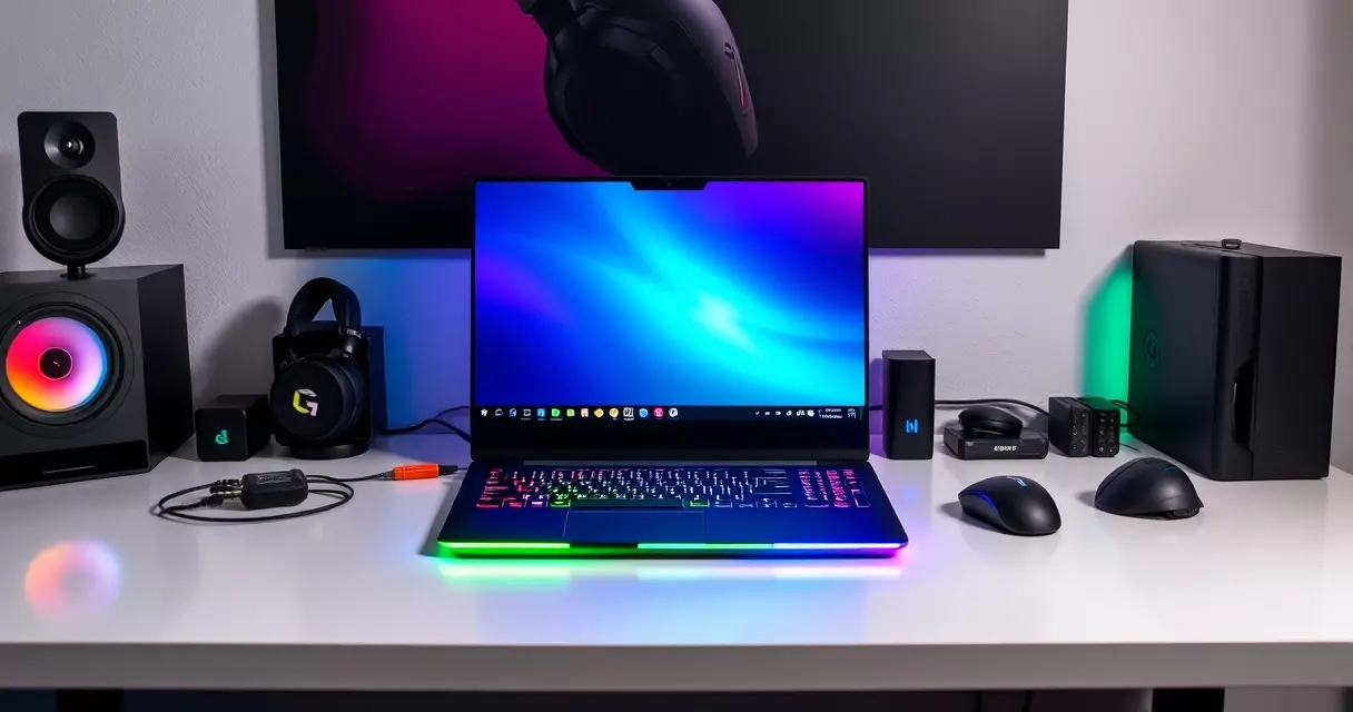 Modern gaming laptop with RGB lighting on desk