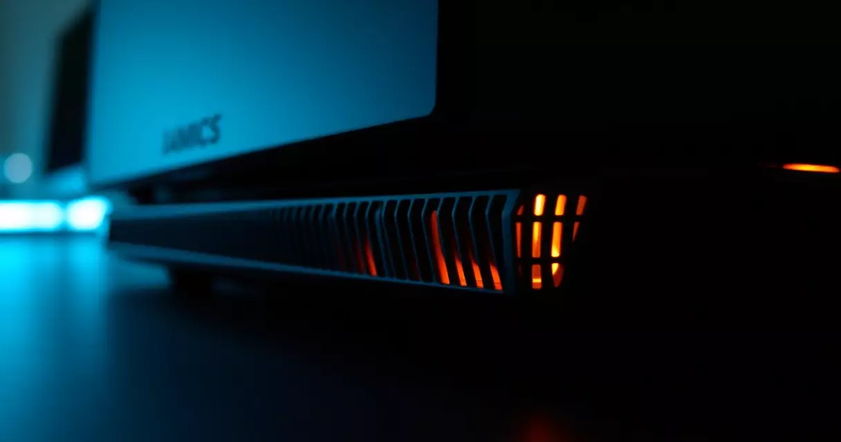 Rear cooling exhaust vents of a Legion gaming laptop in low light