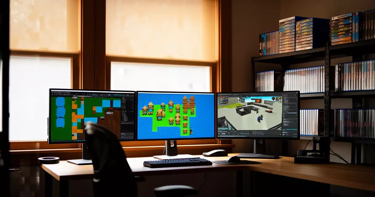 Game development studio workspace with monitors displaying video game environments and collector boxes on shelves