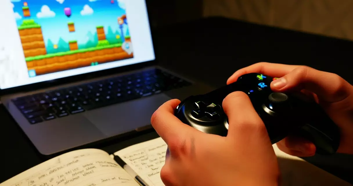 Playtesting a 2D indie game on a laptop with handwritten player feedback notes beside it