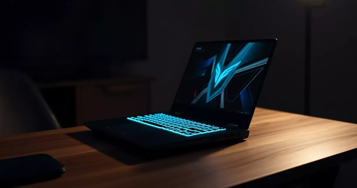 Gaming laptop with backlit keyboard glowing in a dark room