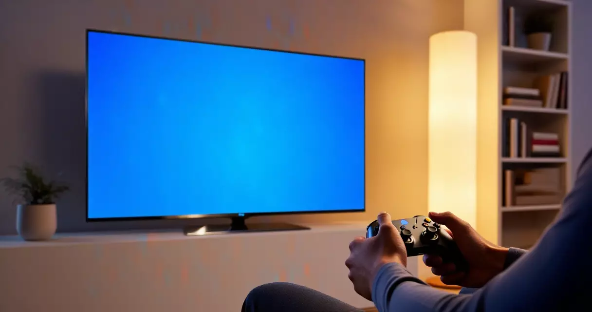 Person playing cloud games on a smart TV in a modern living room with a wireless controller