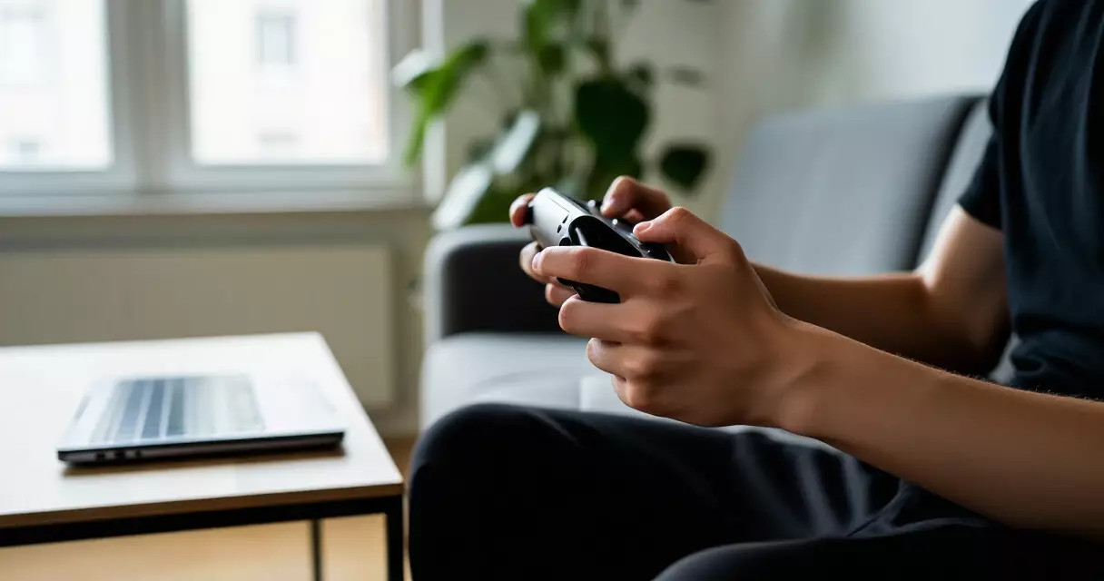 Person playing a handheld gaming device on a sofa with a laptop on the table