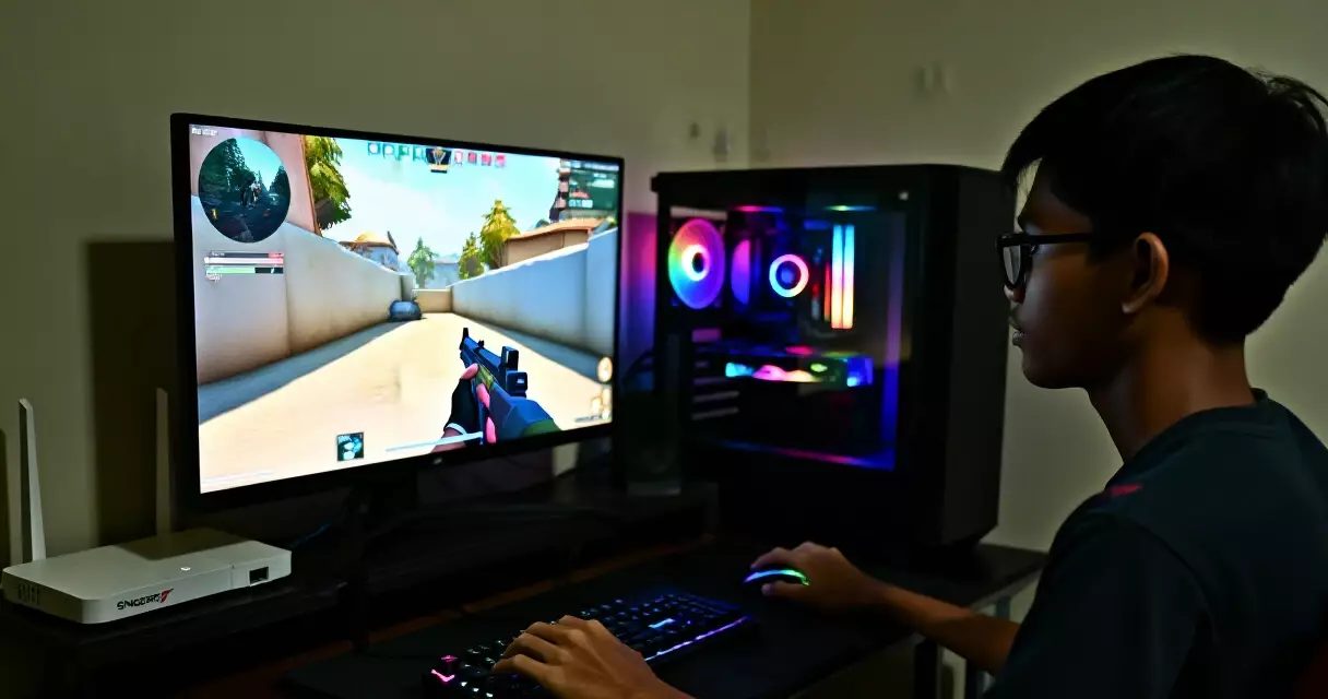 Gamer at a PC setup in Singapore playing online with a router nearby