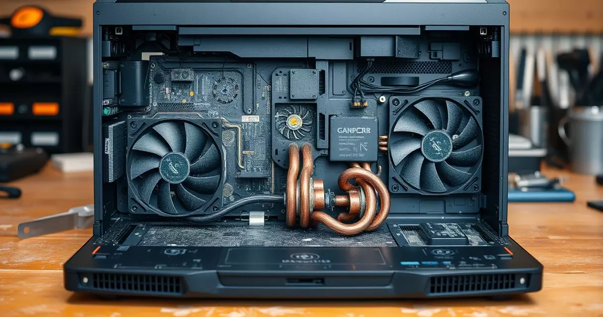 Opened gaming laptop showing dust buildup on cooling fans and copper heat pipes