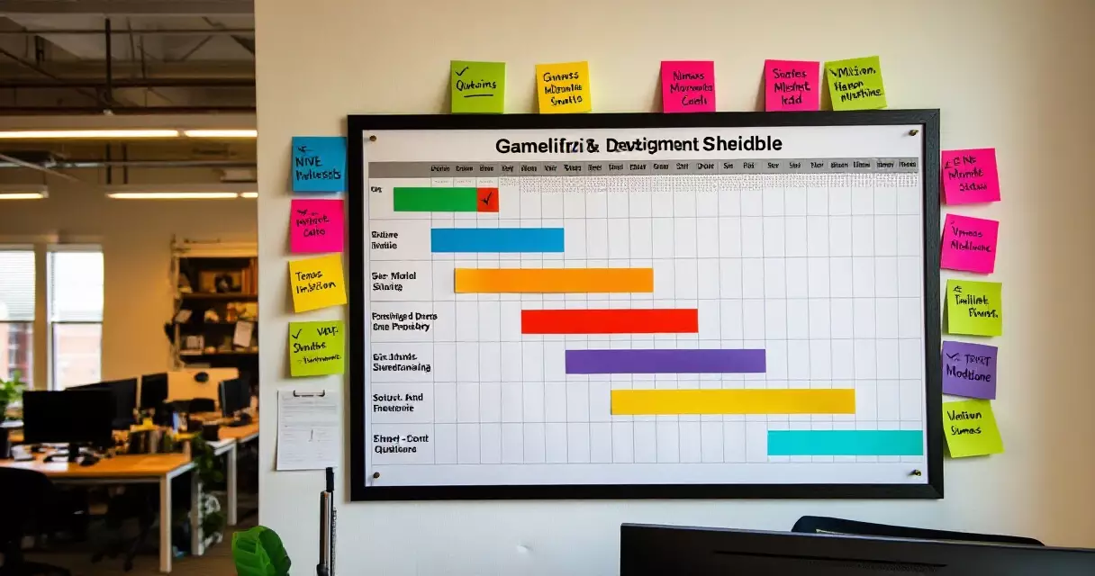 Game development schedule board with phases and milestone sticky notes