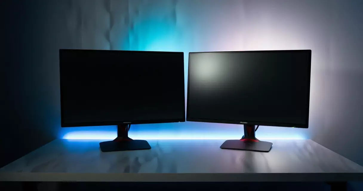 Two gaming monitors side by side showing different design styles on a dark desk
