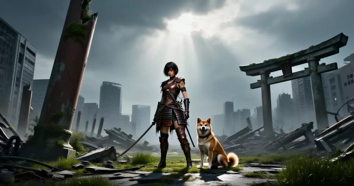 Beast of Reincarnation: player character Emma and her dog Koo in post-apocalyptic Japan