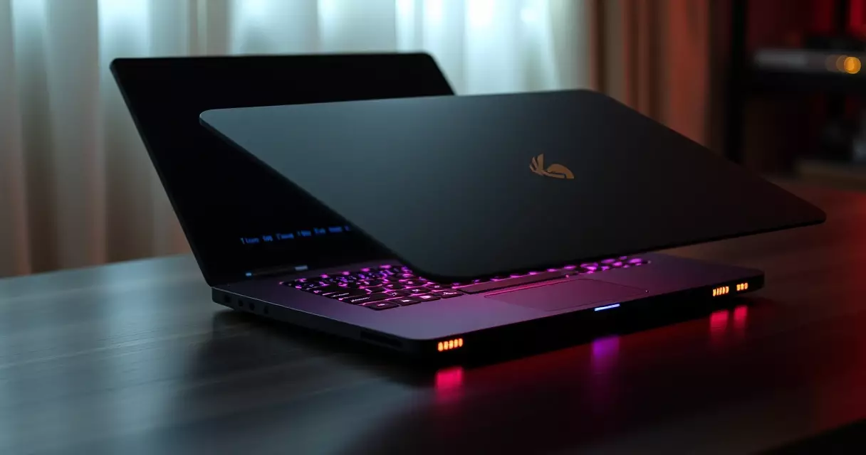 Black aluminum Razer Blade 15 gaming laptop open on a desk with backlit keyboard