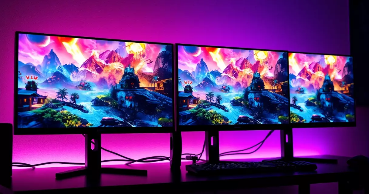Four gaming monitors with different panel types showing colorful game scenes