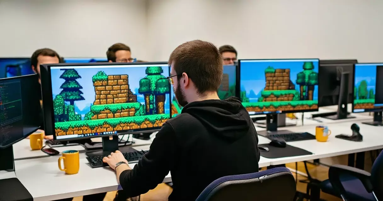 Small indie game development team working in a studio