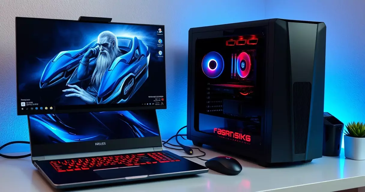 Gaming laptop next to desktop PC comparison