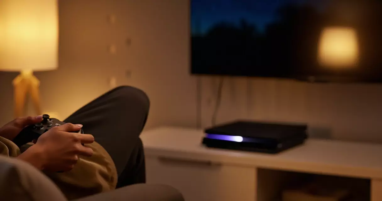 Person relaxing on a sofa with a game controller in a warmly lit living room