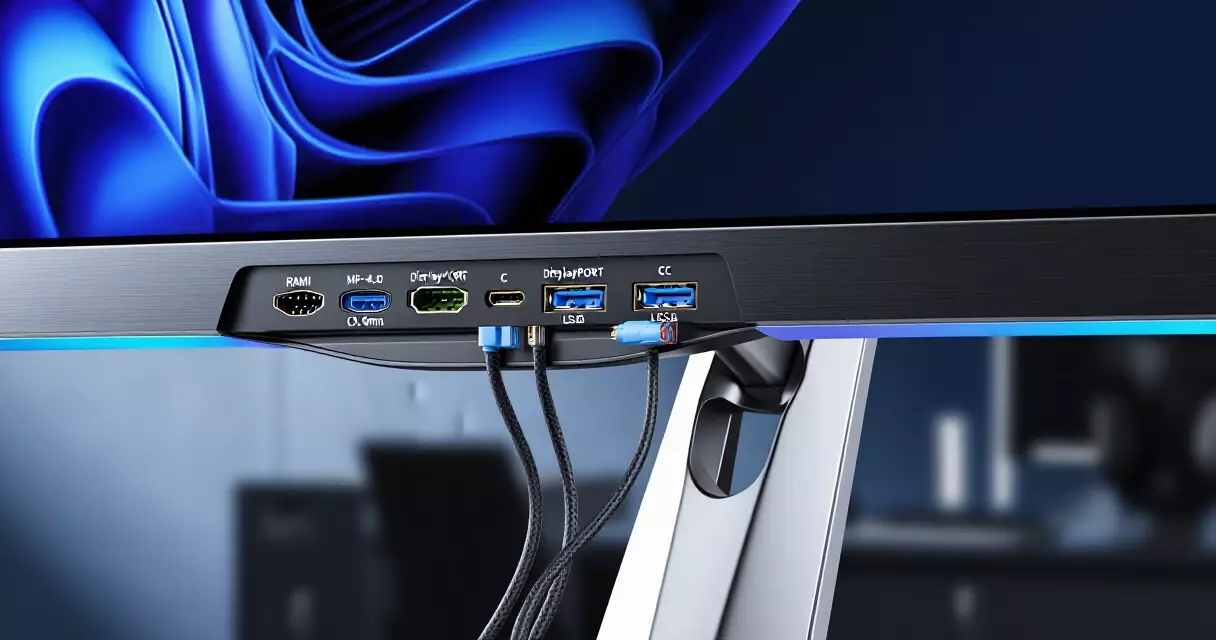 Rear port layout of the Gigabyte M27Q showing HDMI, DisplayPort and USB-C inputs