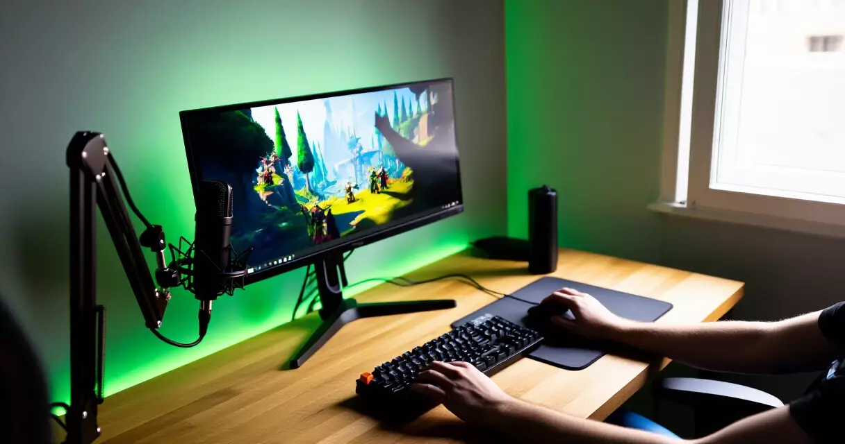Gaming streaming setup with mechanical keyboard, monitor, and condenser microphone on a desk