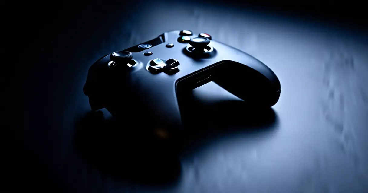 Xbox next-generation gaming controller on dark surface with blue ambient lighting