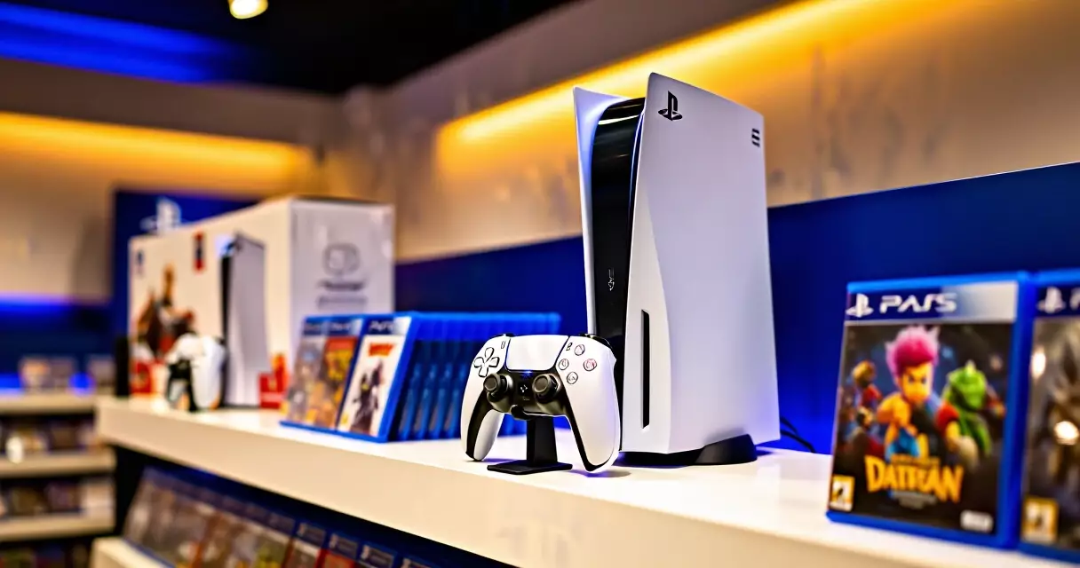 PS5 console and DualSense controller on a retail shelf