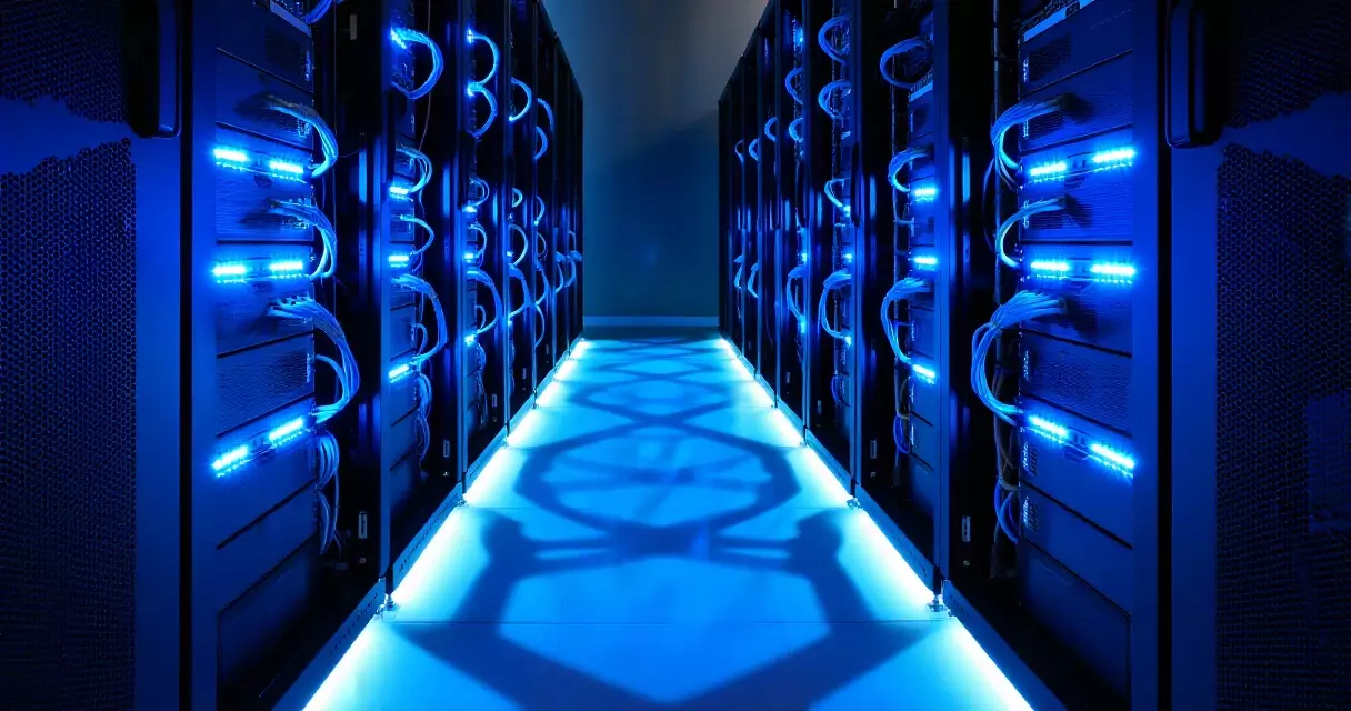 Server room with glowing blue rack-mounted computer hardware and cables