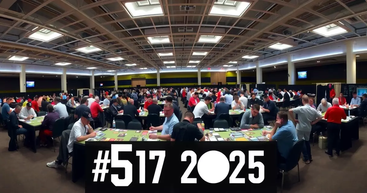 Competitive card game tournament in a large convention hall, Singapore