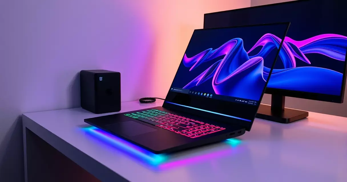Gaming laptop with illuminated keyboard next to a high-refresh gaming monitor
