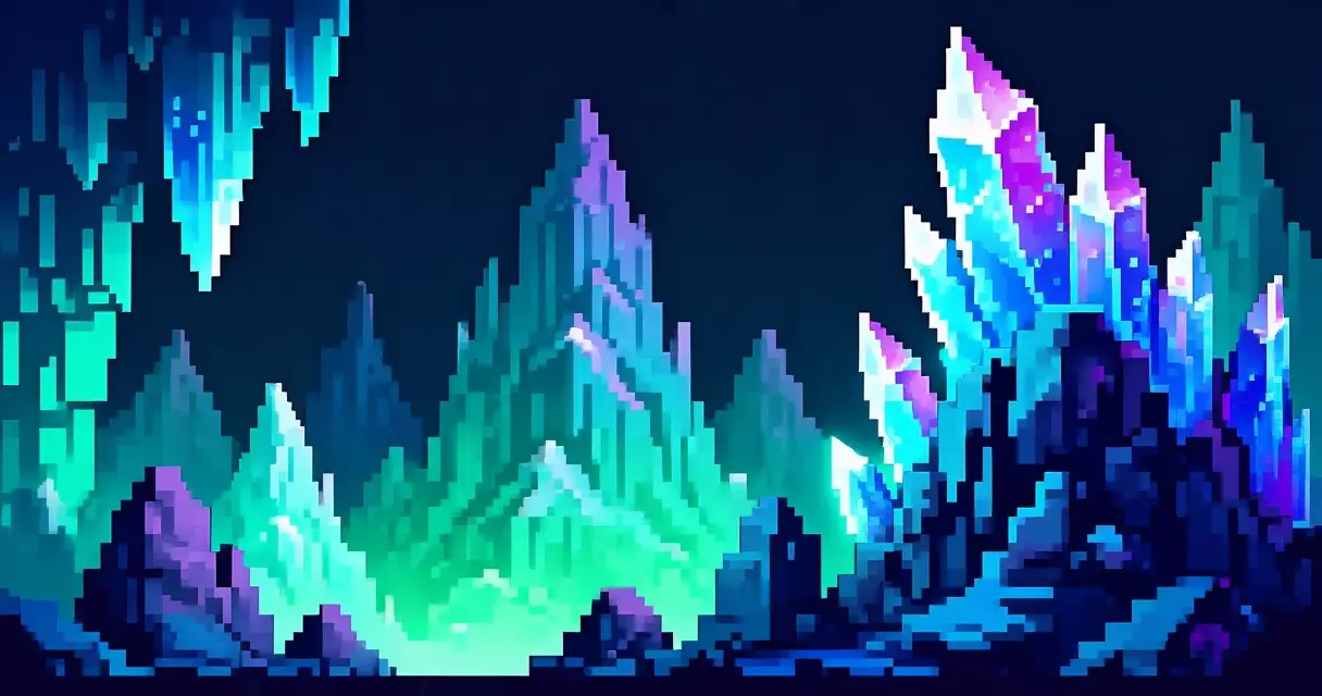 Stylized pixel art mountain environment inspired by Celeste indie game aesthetic