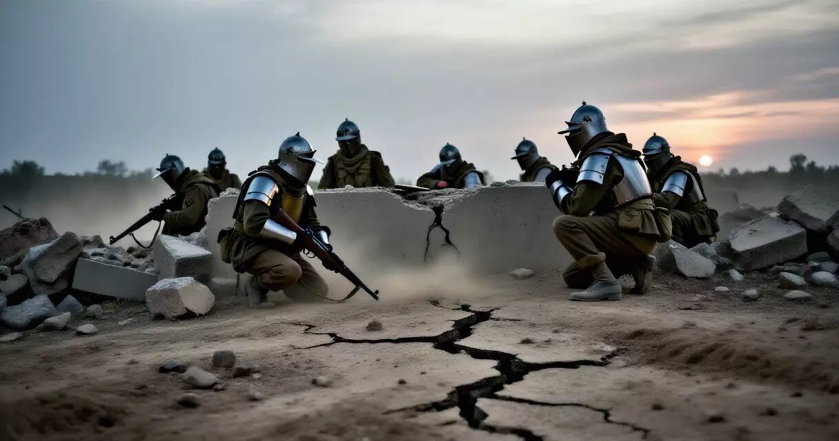 Soldiers in heavy armor take cover as ground cracks open during a military assault