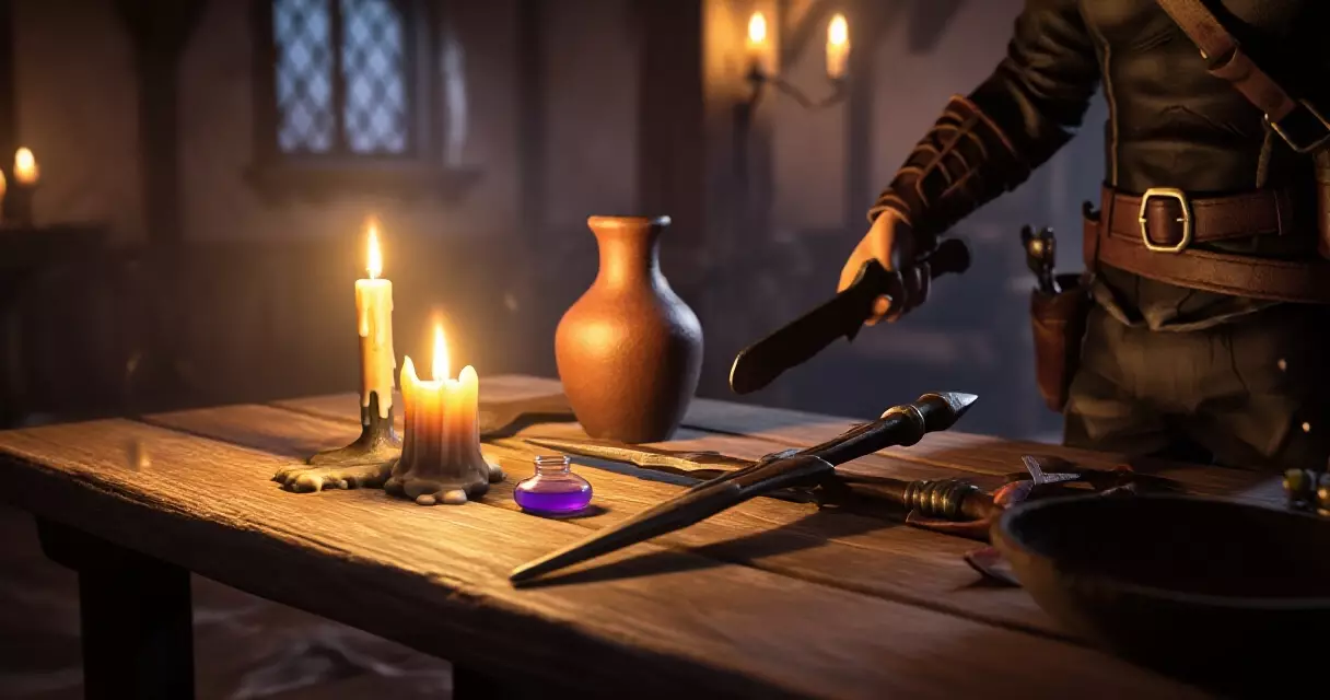 Dark fantasy RPG character preparing equipment by candlelight in medieval inn