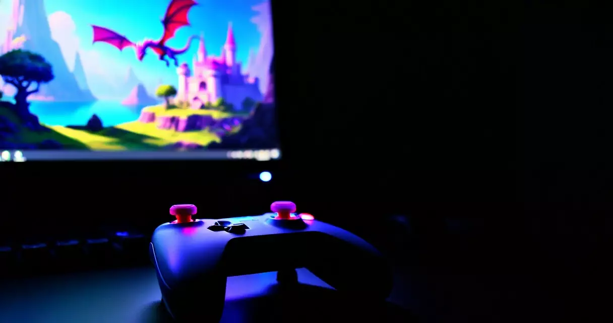 Game controller beside RPG artwork on a gaming monitor