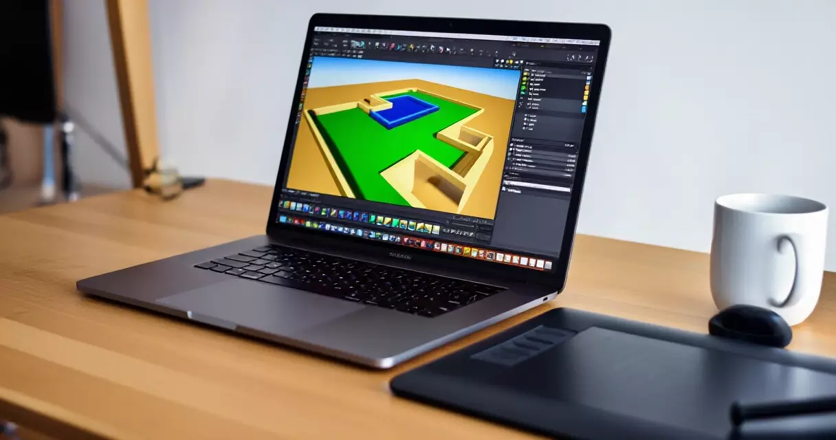 Indie developer workspace with a game engine editor open on a laptop