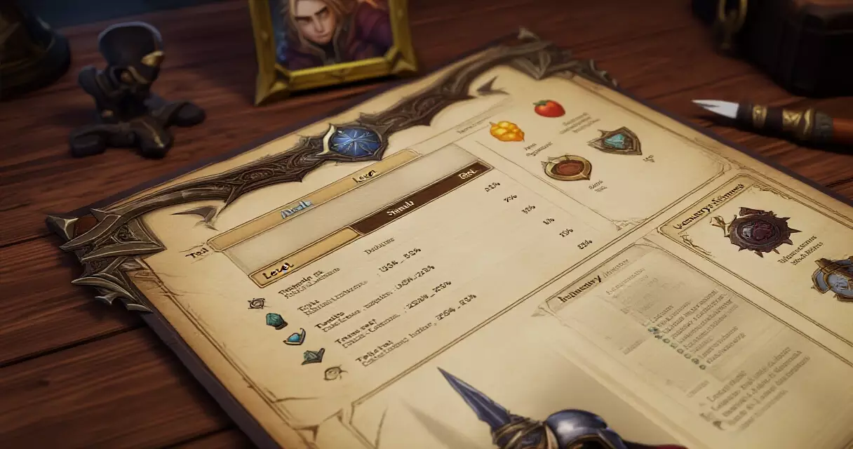 RPG character sheet showing stats, levels, and inventory items