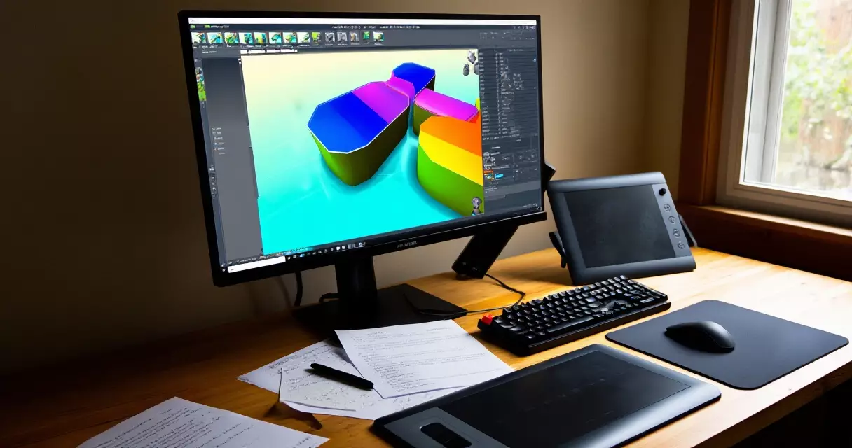 Indie game developer workstation with 3D modeling software open on monitor