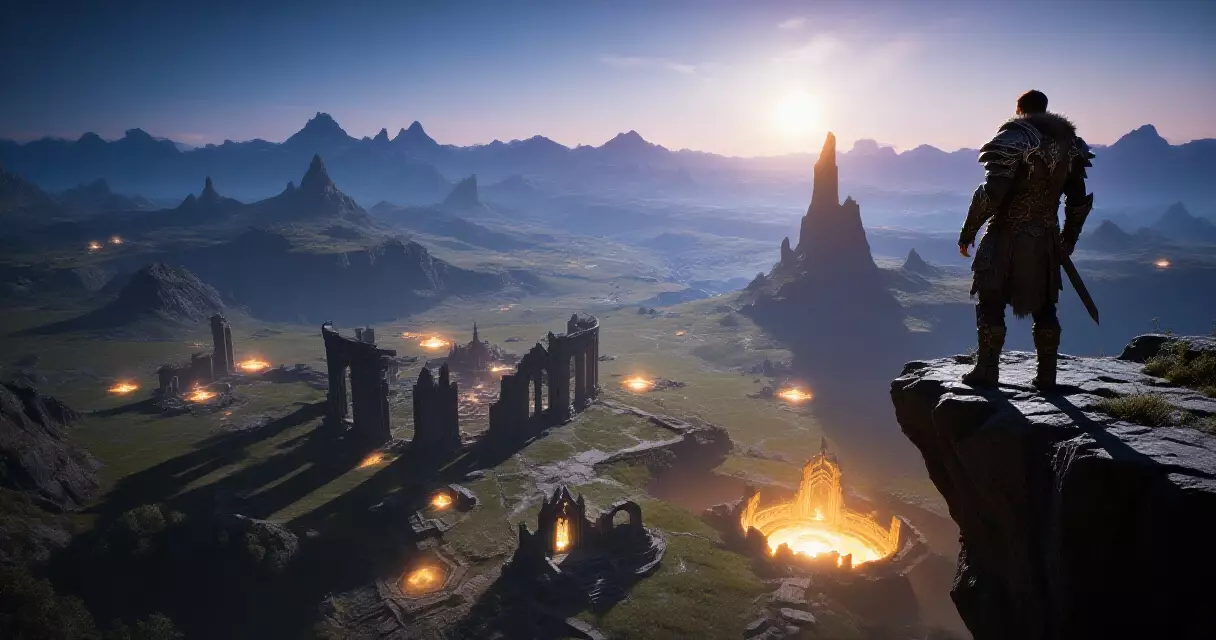 Fantasy RPG hero overlooking a vast open-world landscape at dusk